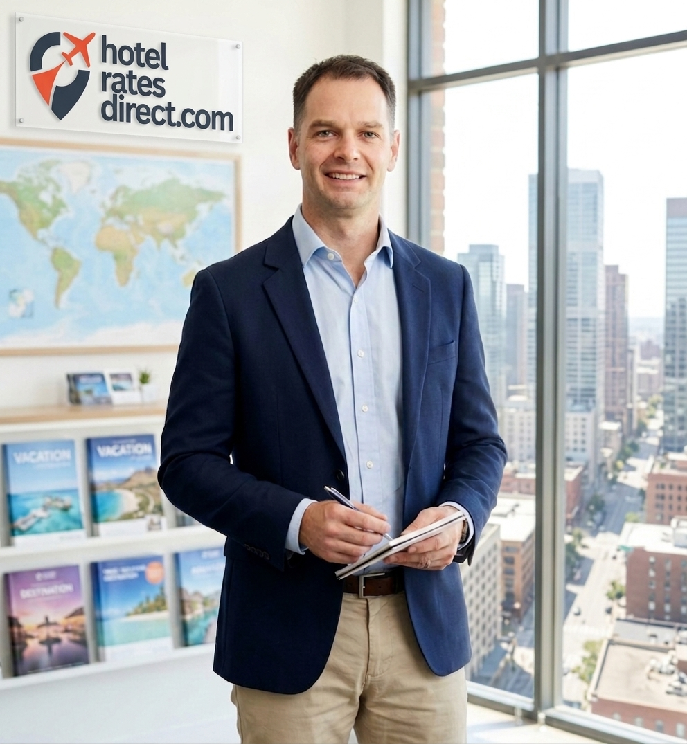Tom O'Brien the founder of Hotel Rates Direct in his office. About Hotel Rates Direct