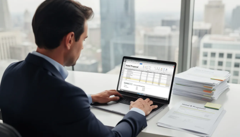 Executive reviewing hotel quote on a spreadsheet