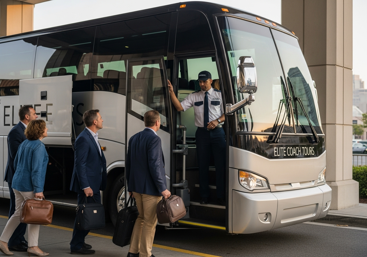 Tour group boarding a motorcoach outside their hotel